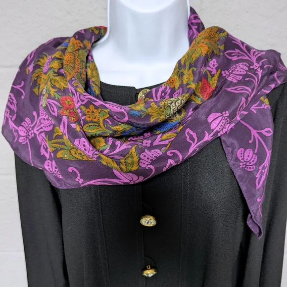 Carol Little 100% Silk Scarf Square 31x30 Purple Floral - Picture 3 of 12